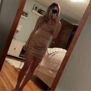 Tan shimmer cinched mini dress